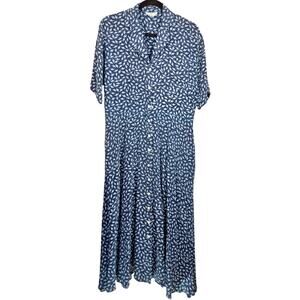 Lloyd Williams Vintage 100% Silk Button Down Midi Dress Blue Size 8 Length 50"